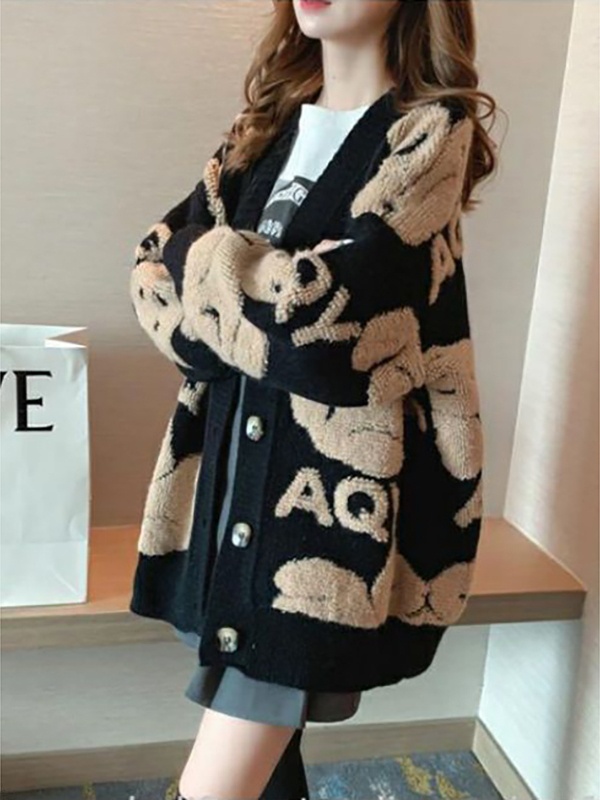 Thermal Long John - Loose Women's Knitted Cardigan Bear Pattern